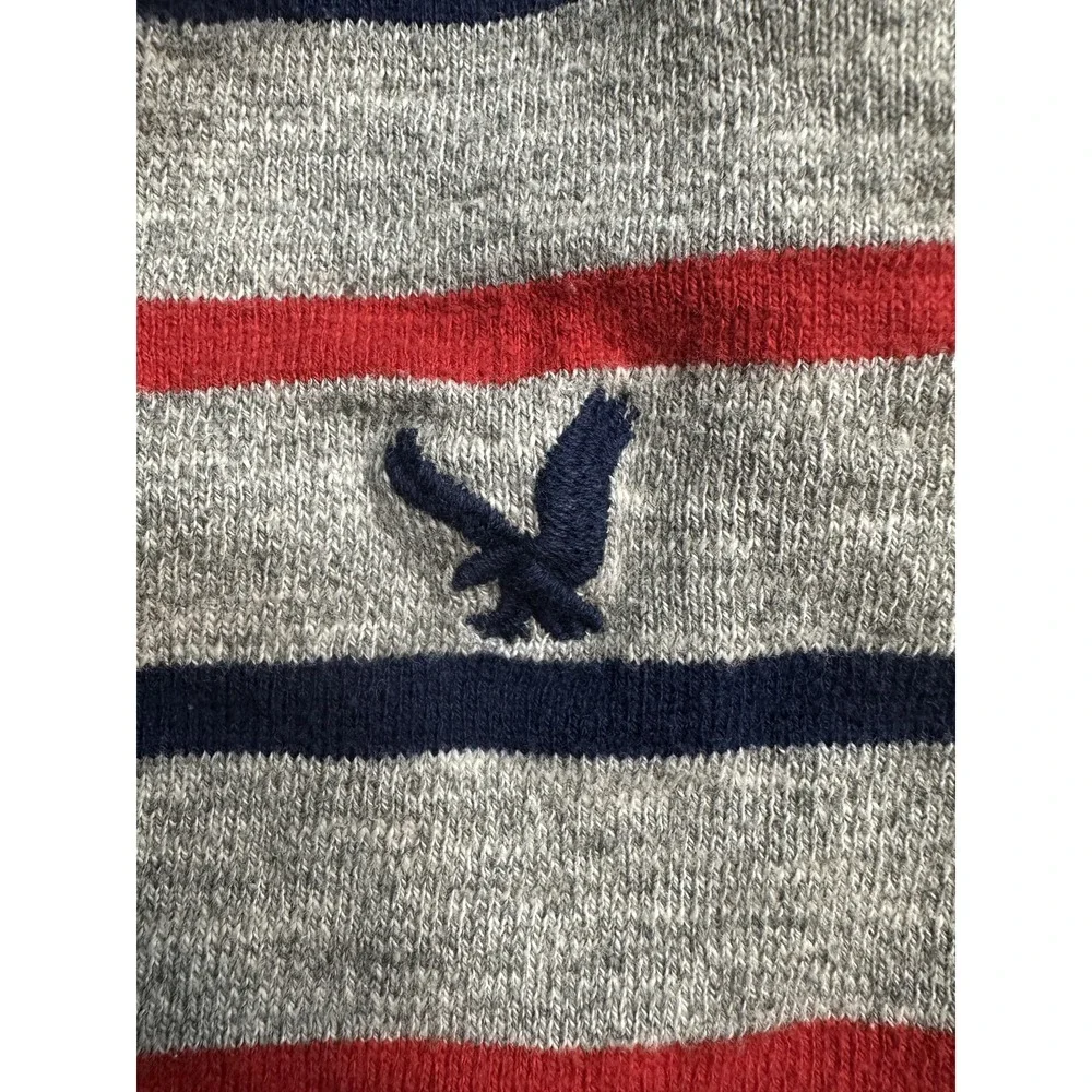 American Eagle Sweater Mens L V-Neck Grey Red Navy Blue Striped Cotton Logo